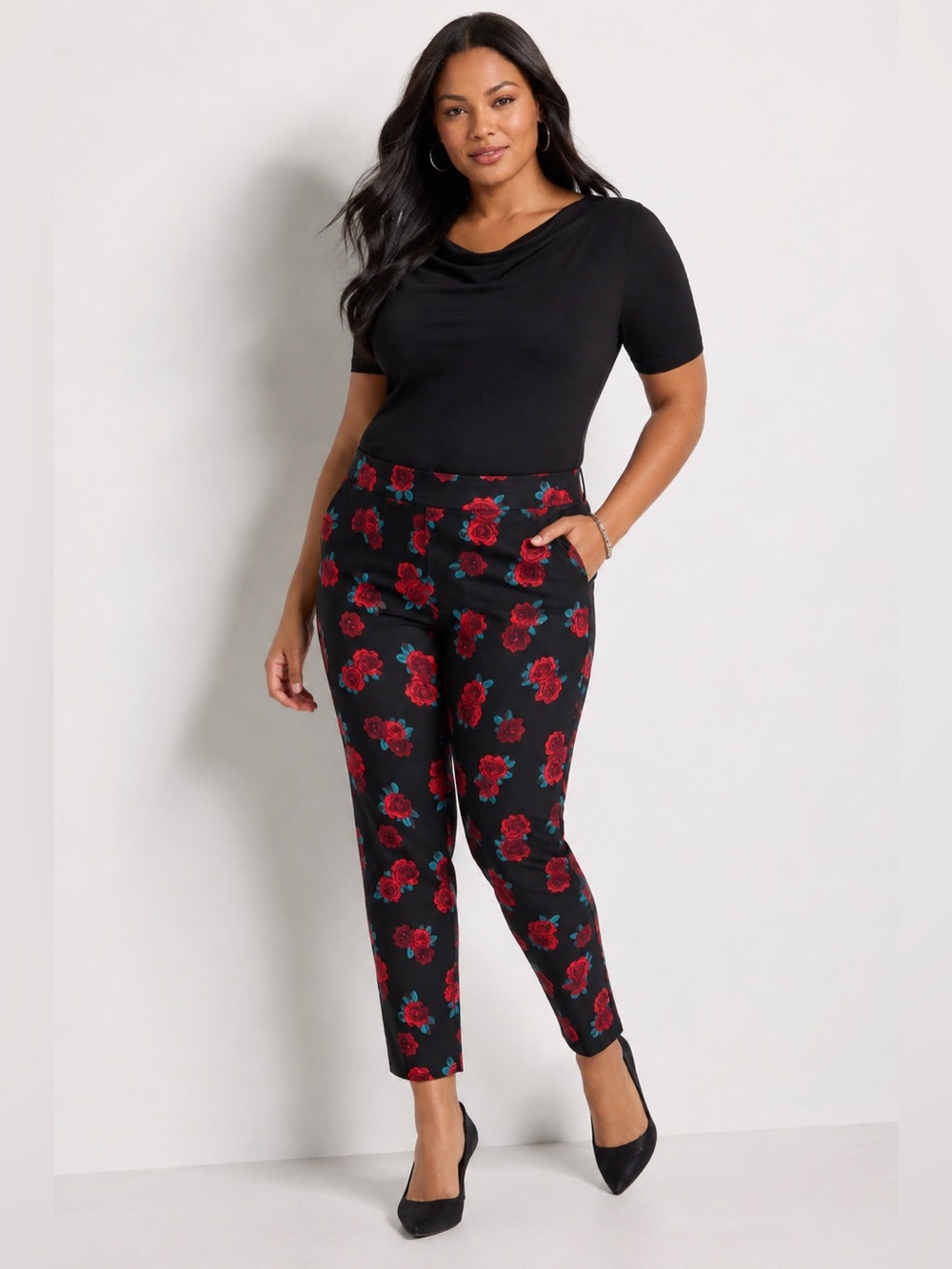 NWT Lane Bryant The Allie Skinny Ankle Floral Rose Pants Black Red 14R